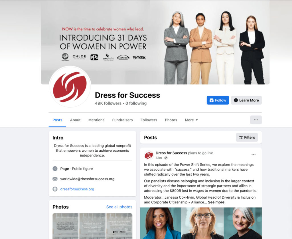 A screenshot of Dress for Success Facebook page.