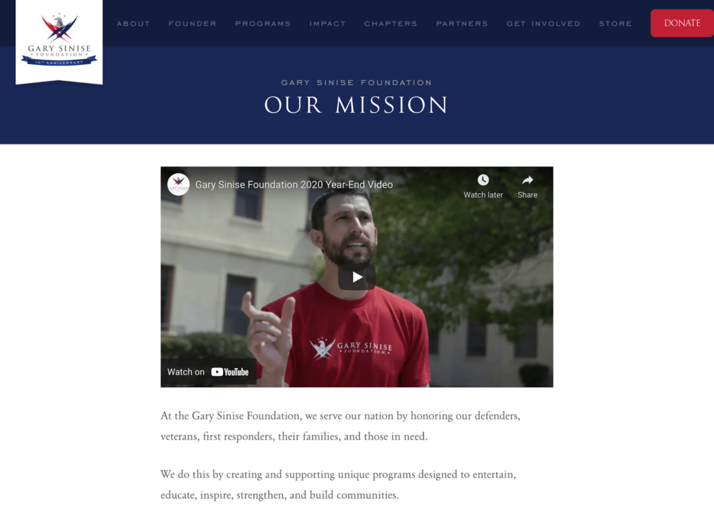 A screenshot of the Gary Sinise Foundation website which uses nonprofit website design best practices.