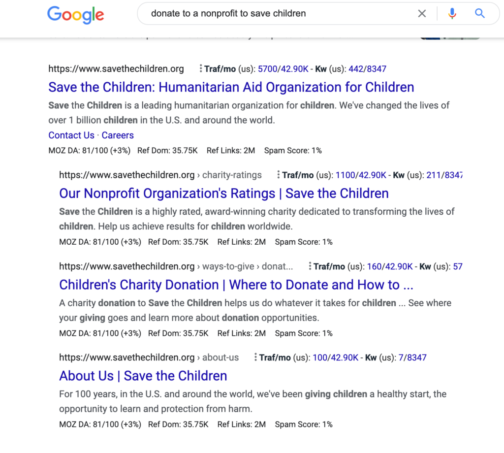 A screenshot of a Google search and the nonprofit organization that came up because of an SEO-friendly website.