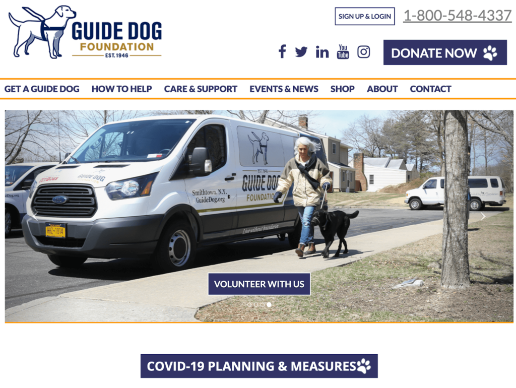 The Guide Dog Foundation, a nonprofit organization, keeps their website design simple and easy to use.