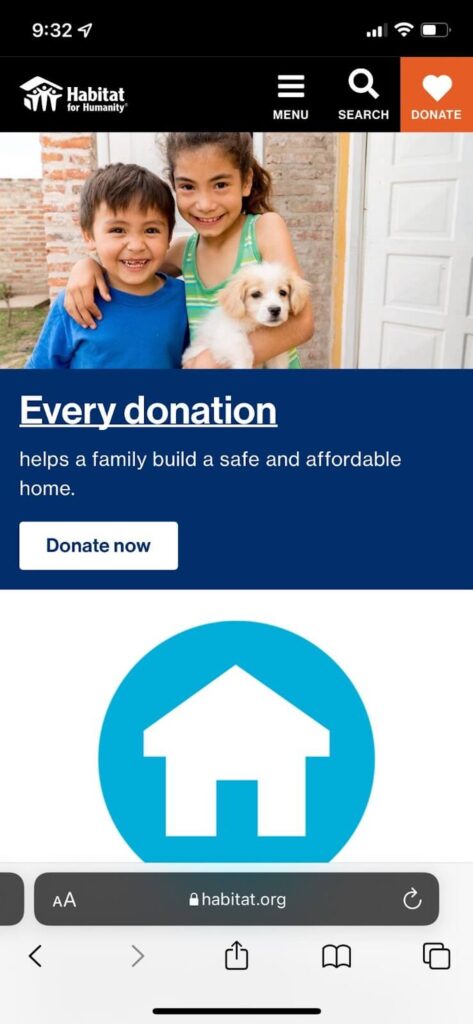 A screenshot of the Habitat for Humanity home page which is optimized for mobile giving.