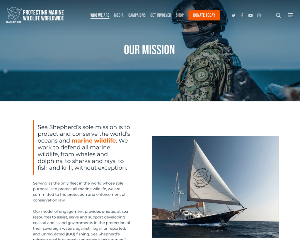 Sea Shepherd has a dedicated page on their website to tell the story of their nonprofit.