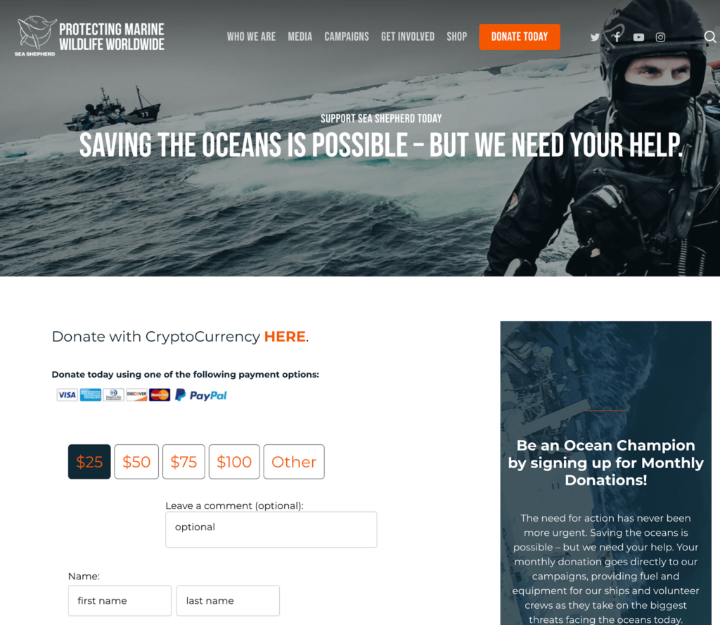 A screenshot from Sea Shepherd’s easy-to-use online donation page.