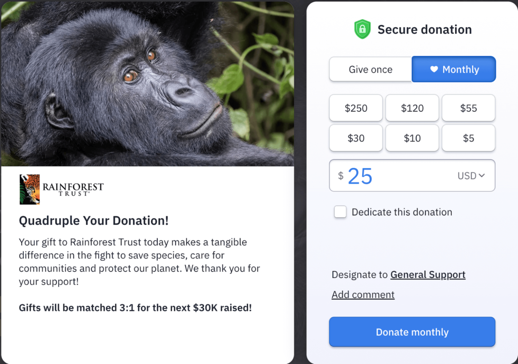 A screenshot of Rainforest Trust’s page that increases awareness for monthly giving program.