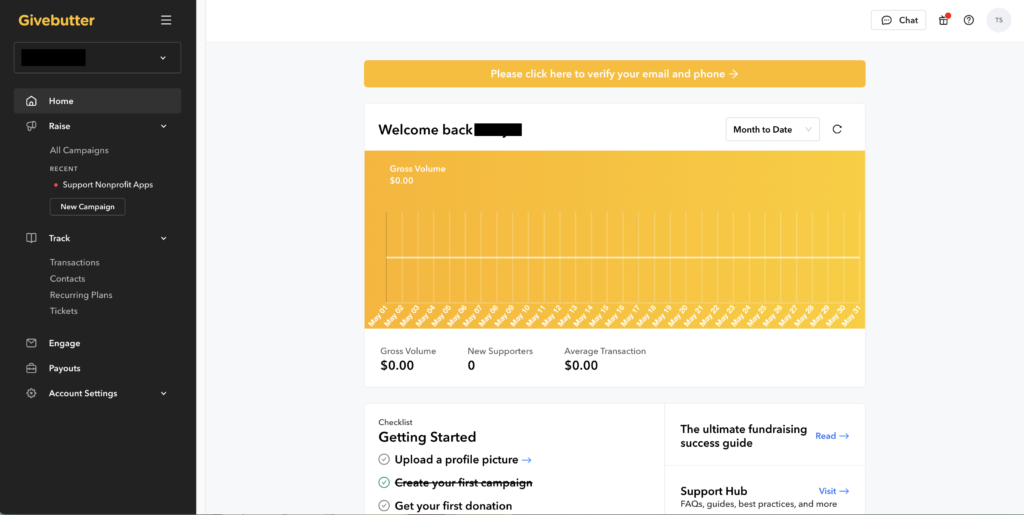 A screenshot of the Givebutter dashboard. 