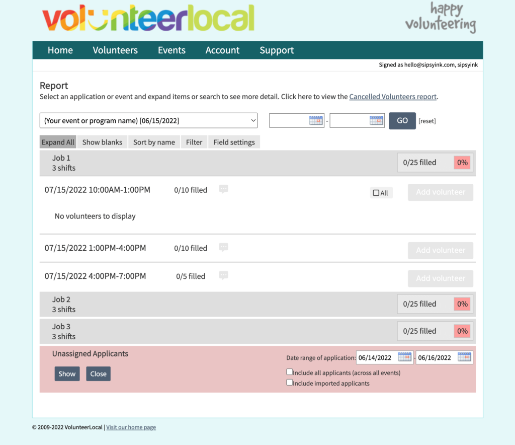 The VolunteerLocal reports page.
