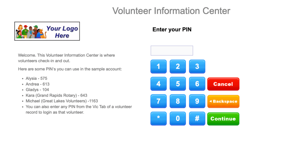 Volgistics has a volunteer clock-in feature. 