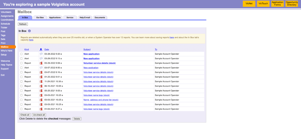 A screenshot of Volgistics mailbox for nonprofit professionals.
