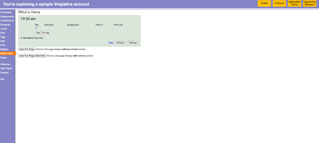 Volgistics screenshot of the "Who's Here" tab for volunteers management.
