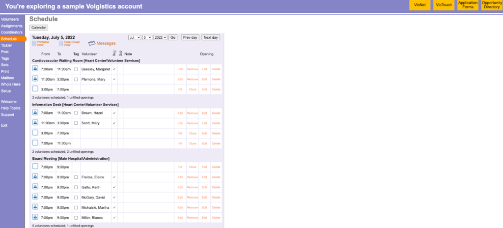 Volgistics's Scheduler tab on the volunteer management software. 