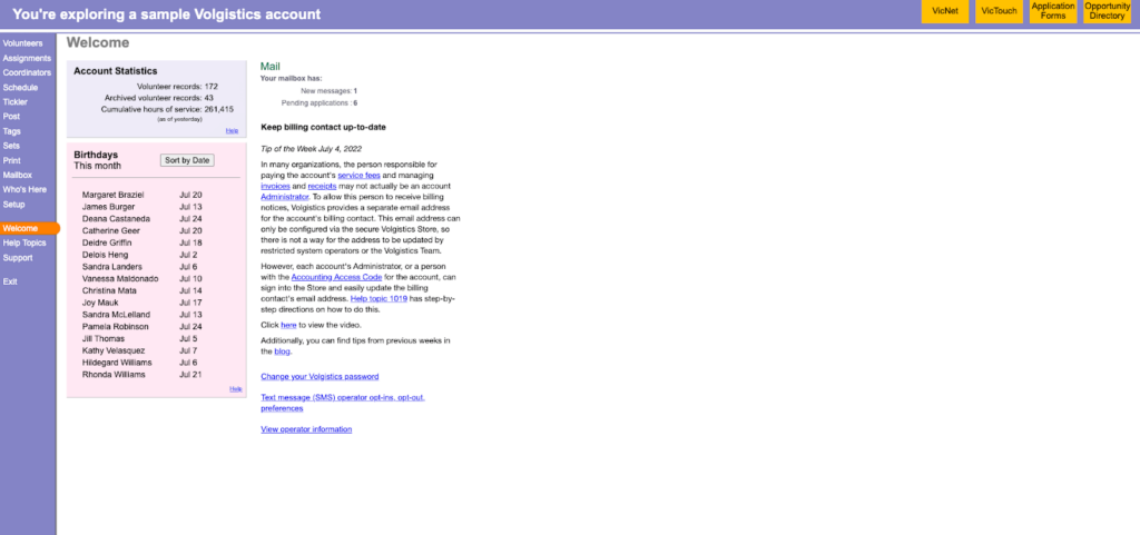 A screenshot of Volgistics's dashboard, a volunteer management software. 