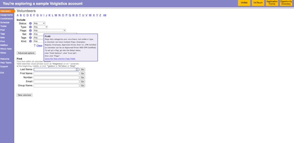 A screengrab of Volgistics's Volunteers page on the platform.