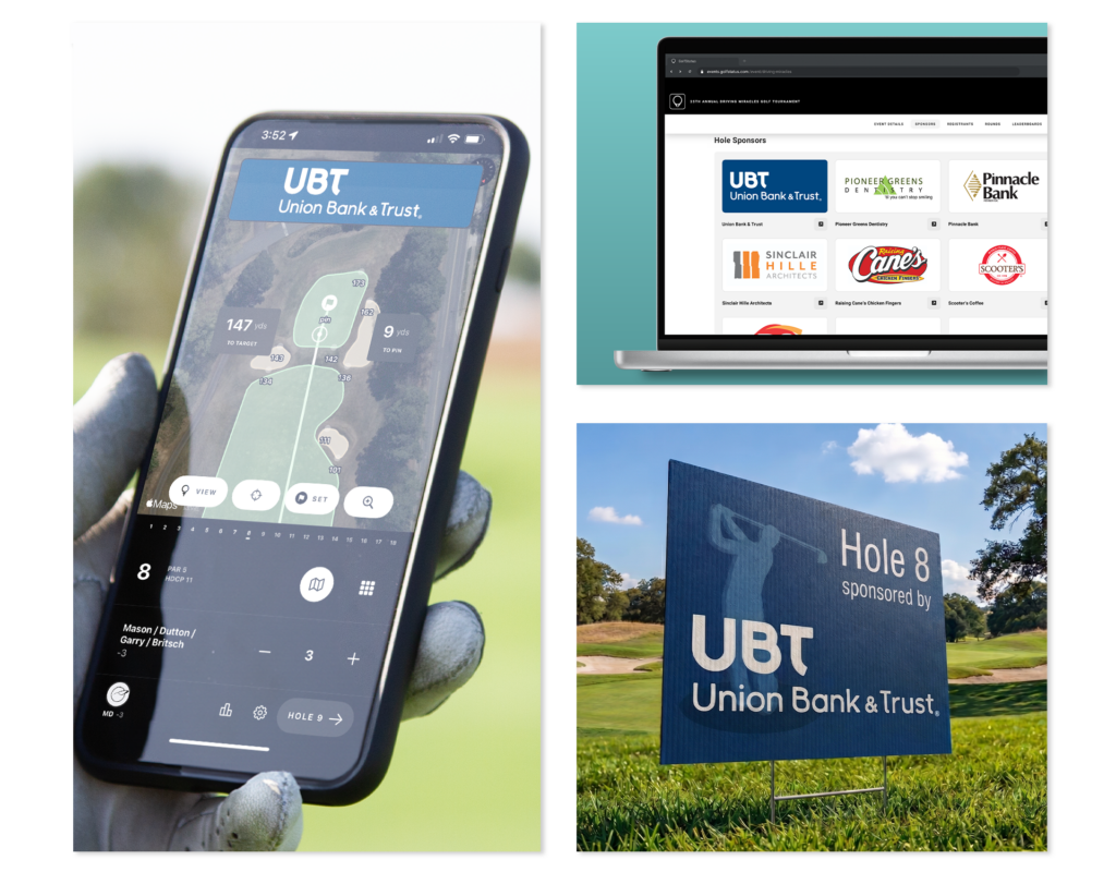 A collage showing a mobile phone, a golf event website screenshot, and a hole sign.
Caption: Combine traditional signage with digital exposure to give sponsors better, broader exposure.
